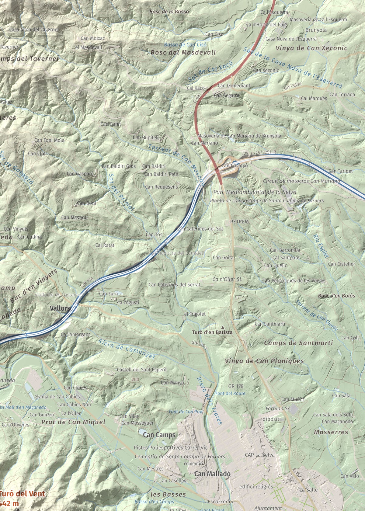 Mapa de relieve de Turó del Vent, 442 m, Selva, lámina 100 Cims de Trobart. Detalle de la zona superior derecha. 50 × 70 cm.