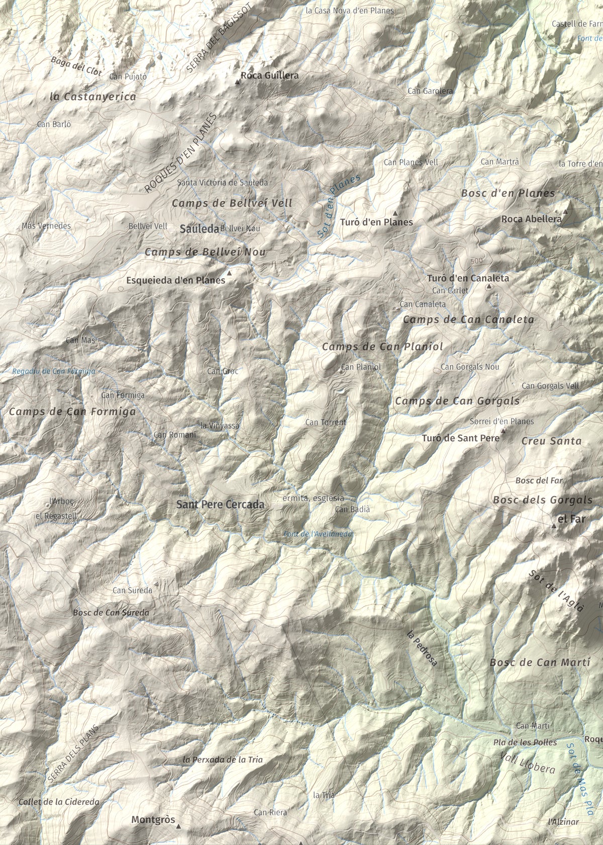 Mapa de relieve de Turó del Vent, 442 m, Selva, lámina 100 Cims de Trobart. Detalle de la zona inferior izquierda. 50 × 70 cm.