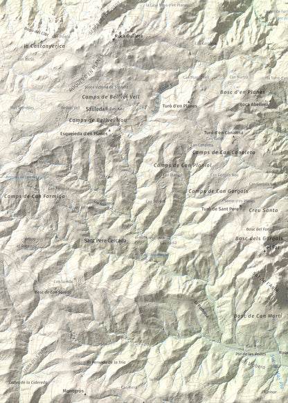 Mapa de relieve de Turó del Vent, 442 m, Selva, lámina 100 Cims de Trobart. Detalle de la zona inferior izquierda. 50 × 70 cm.