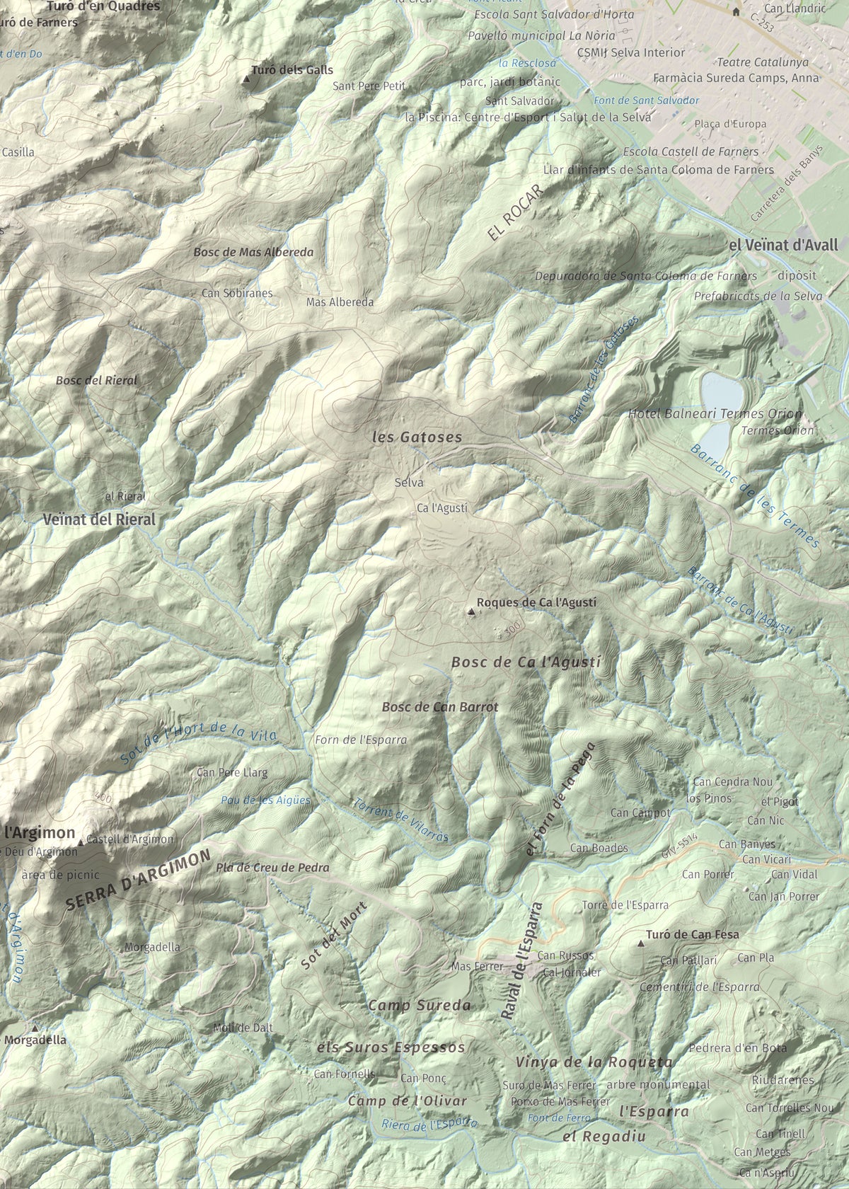 Mapa de relieve de Turó del Vent, 442 m, Selva, lámina 100 Cims de Trobart. Detalle de la zona inferior derecha. 50 × 70 cm.