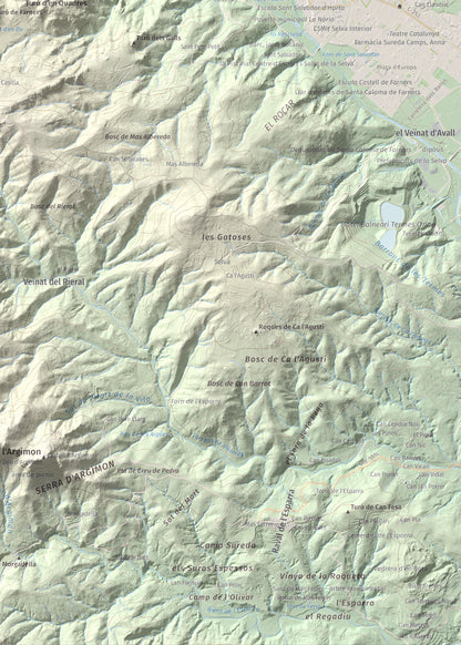 Mapa de relieve de Turó del Vent, 442 m, Selva, lámina 100 Cims de Trobart. Detalle de la zona inferior derecha. 50 × 70 cm.