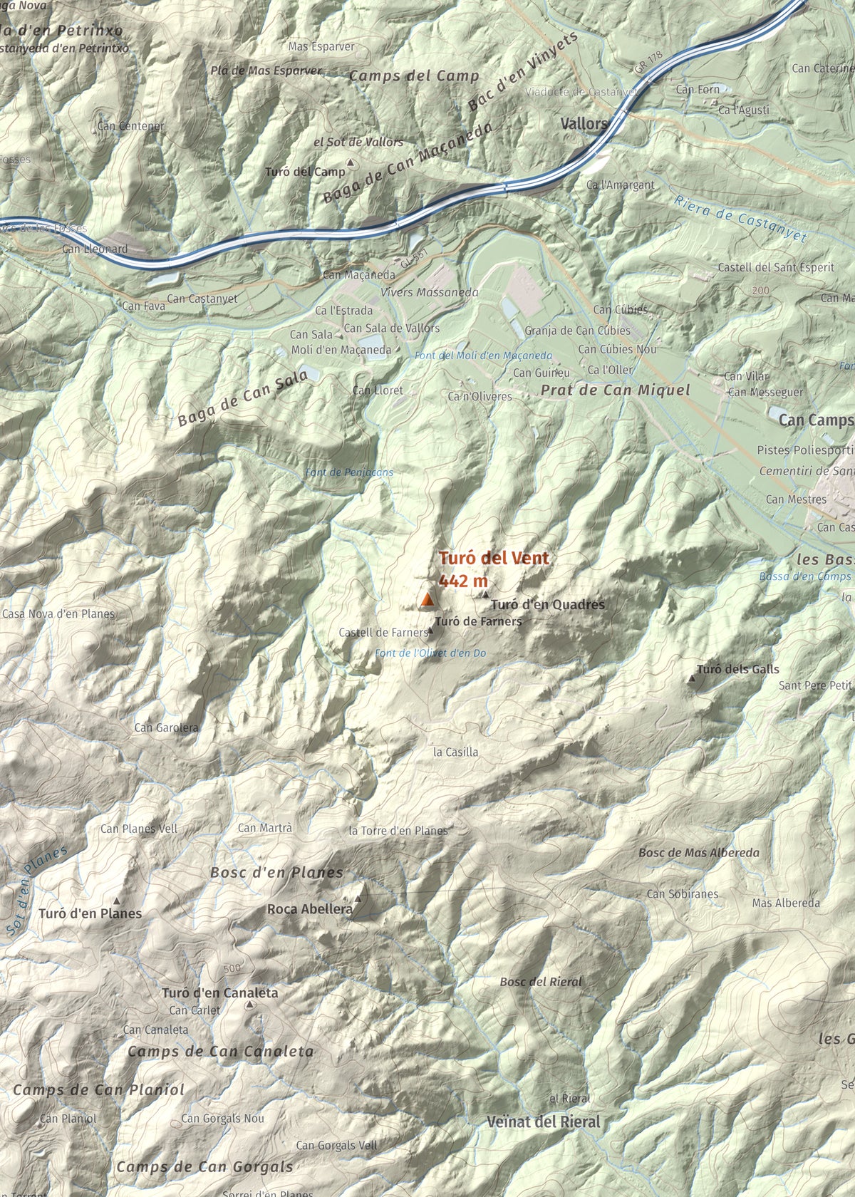 Mapa de relieve de Turó del Vent, 442 m, Selva, lámina 100 Cims de Trobart. Detalle de la zona central. 50 × 70 cm.