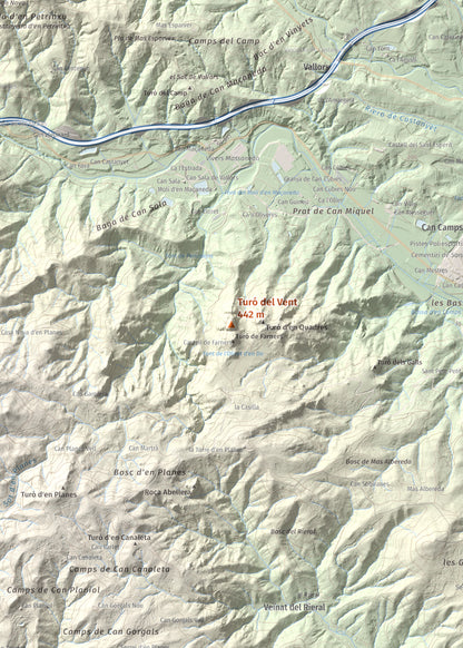 Mapa de relieve de Turó del Vent, 442 m, Selva, lámina 100 Cims de Trobart. Detalle de la zona central. 50 × 70 cm.