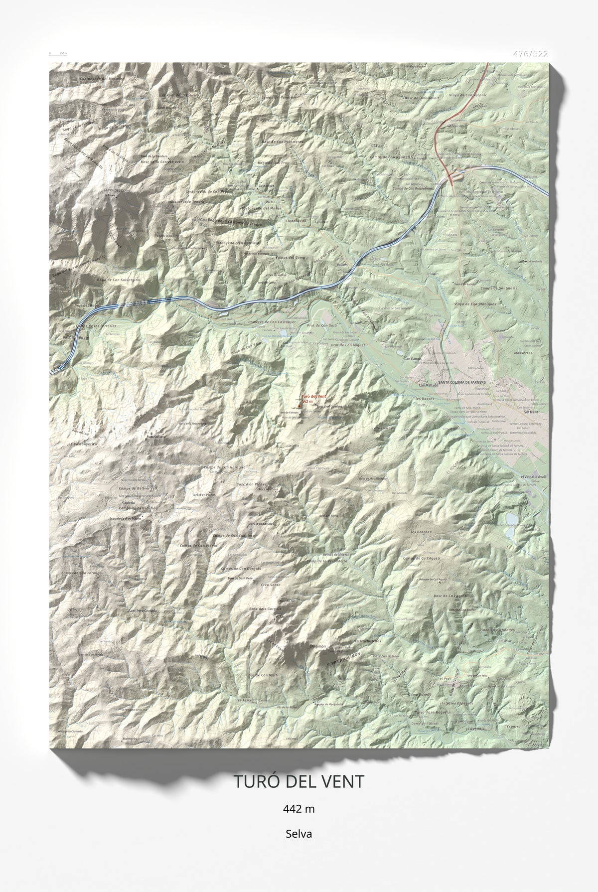 Mapa de relieve de Turó del Vent, 442 m, Selva, lámina 100 Cims de Trobart 61 × 91 cm.