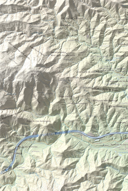 Mapa de relieve de Turó del Vent, 442 m, Selva, lámina 100 Cims de Trobart. Detalle de la zona superior izquierda. 61 × 91 cm.