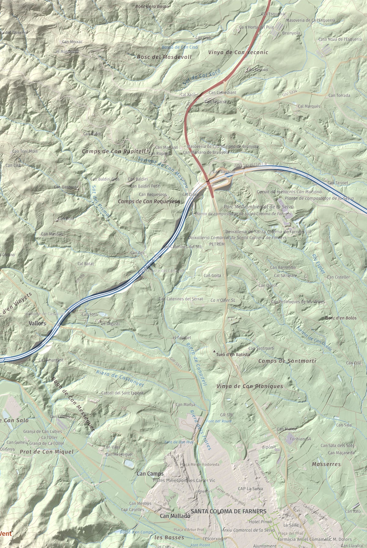 Mapa de relieve de Turó del Vent, 442 m, Selva, lámina 100 Cims de Trobart. Detalle de la zona superior derecha. 61 × 91 cm.