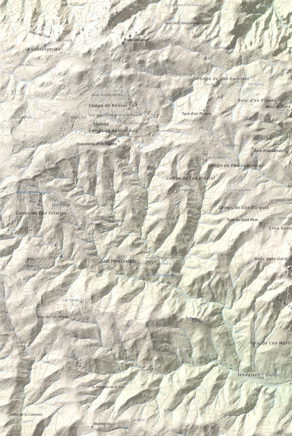 Mapa de relieve de Turó del Vent, 442 m, Selva, lámina 100 Cims de Trobart. Detalle de la zona inferior izquierda. 61 × 91 cm.