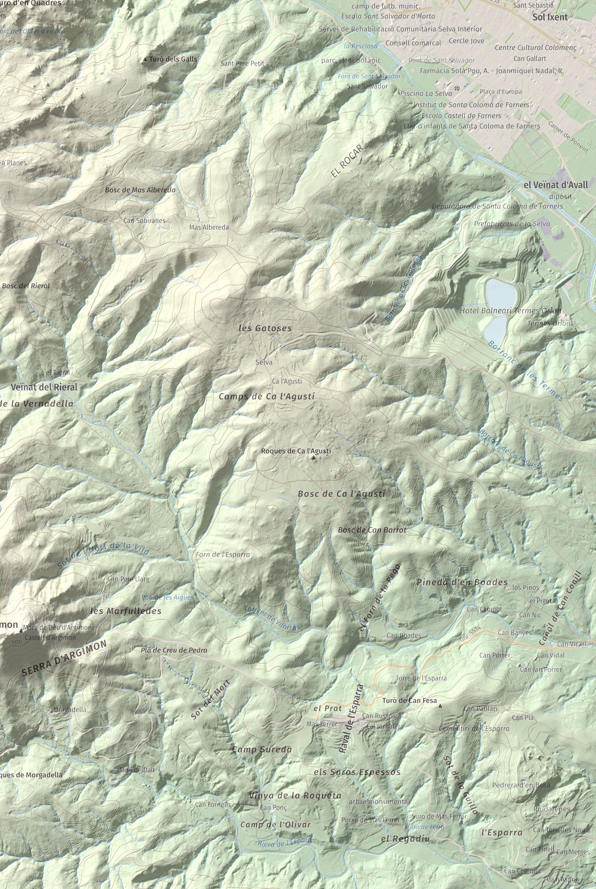 Mapa de relieve de Turó del Vent, 442 m, Selva, lámina 100 Cims de Trobart. Detalle de la zona inferior derecha. 61 × 91 cm.
