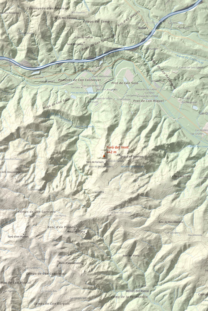 Mapa de relieve de Turó del Vent, 442 m, Selva, lámina 100 Cims de Trobart. Detalle de la zona central. 61 × 91 cm.