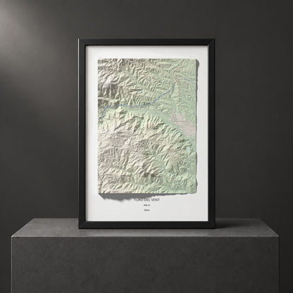 Mapa de relieve de Turó del Vent, 442 m, Selva, lámina 100 Cims de Trobart. Presentación enmarcada. 70 × 100 cm.