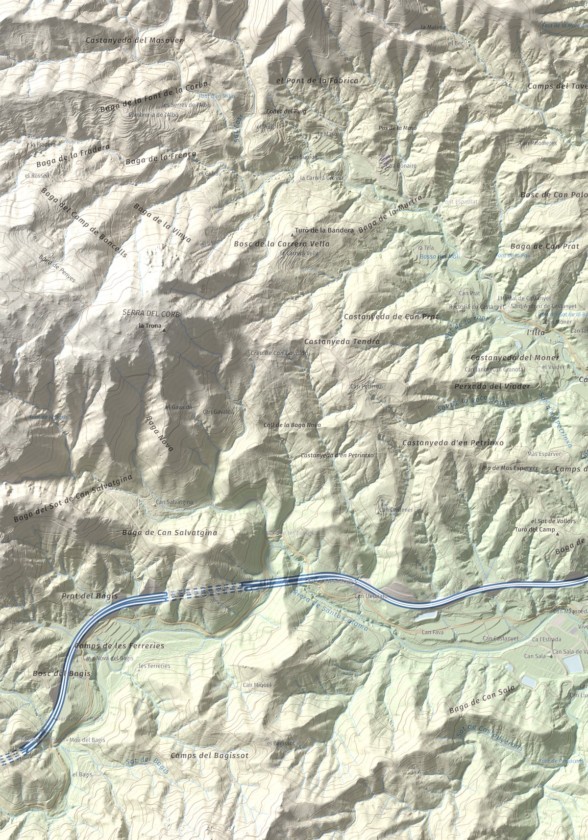 Mapa de relieve de Turó del Vent, 442 m, Selva, lámina 100 Cims de Trobart. Detalle de la zona superior izquierda. 70 × 100 cm.