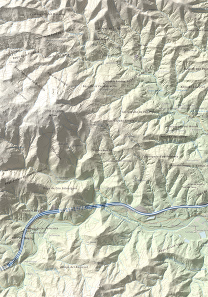 Mapa de relieve de Turó del Vent, 442 m, Selva, lámina 100 Cims de Trobart. Detalle de la zona superior izquierda. 70 × 100 cm.