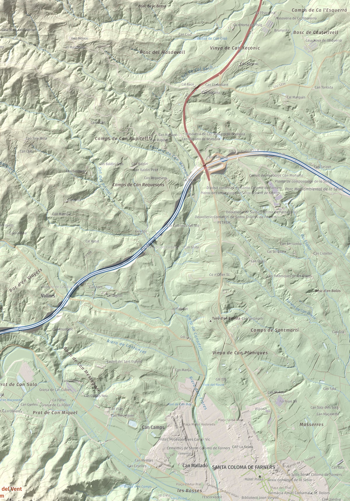 Mapa de relieve de Turó del Vent, 442 m, Selva, lámina 100 Cims de Trobart. Detalle de la zona superior derecha. 70 × 100 cm.