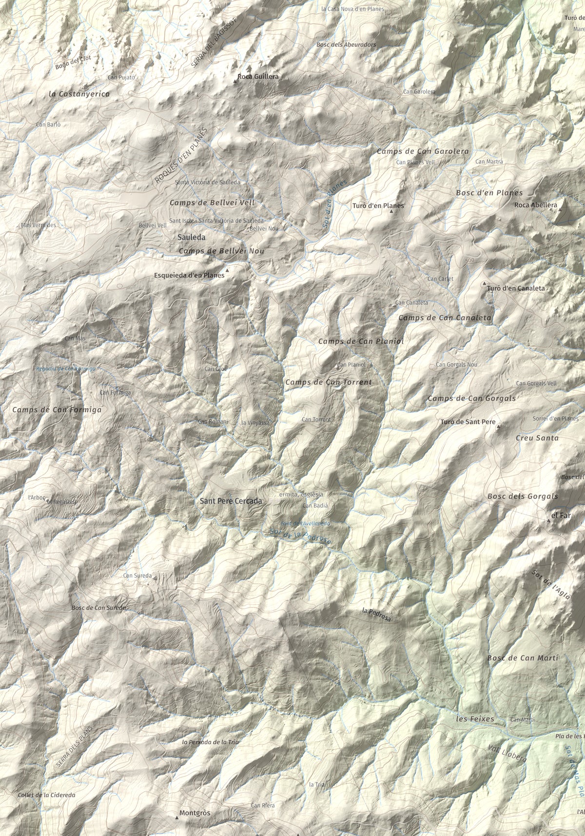 Mapa de relieve de Turó del Vent, 442 m, Selva, lámina 100 Cims de Trobart. Detalle de la zona inferior izquierda. 70 × 100 cm.