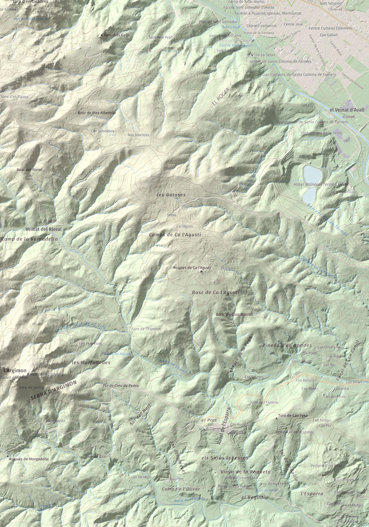 Mapa de relieve de Turó del Vent, 442 m, Selva, lámina 100 Cims de Trobart. Detalle de la zona inferior derecha. 70 × 100 cm.