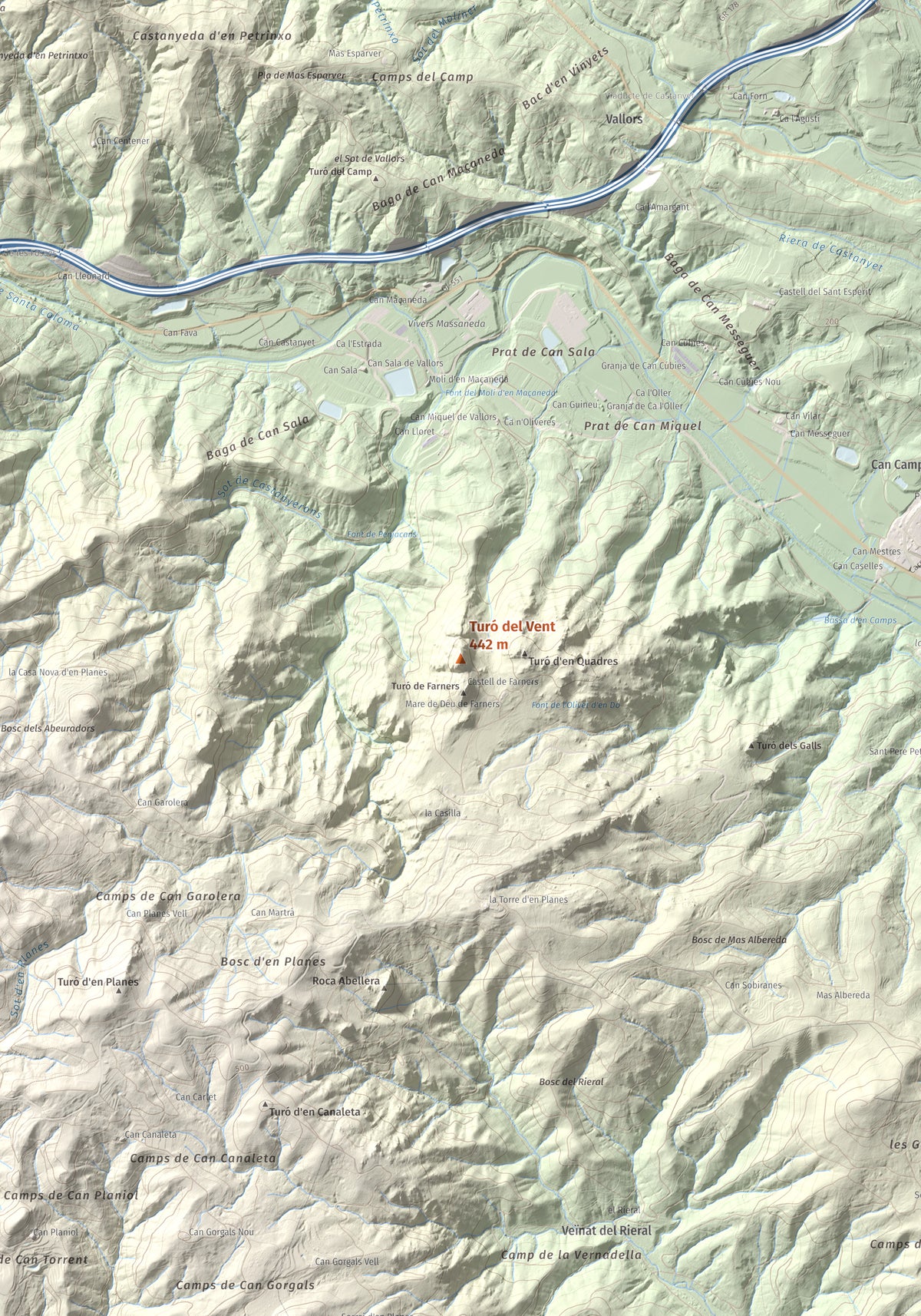 Mapa de relieve de Turó del Vent, 442 m, Selva, lámina 100 Cims de Trobart. Detalle de la zona central. 70 × 100 cm.
