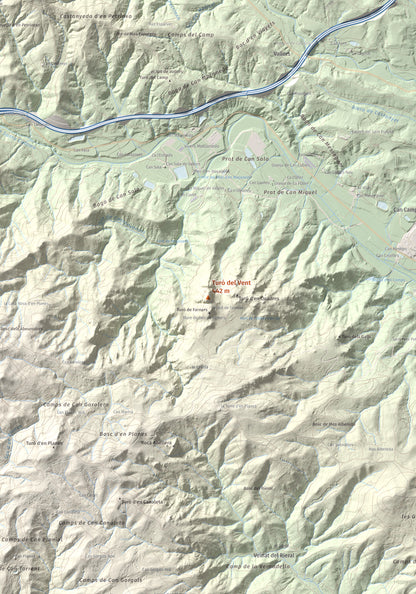 Mapa de relieve de Turó del Vent, 442 m, Selva, lámina 100 Cims de Trobart. Detalle de la zona central. 70 × 100 cm.