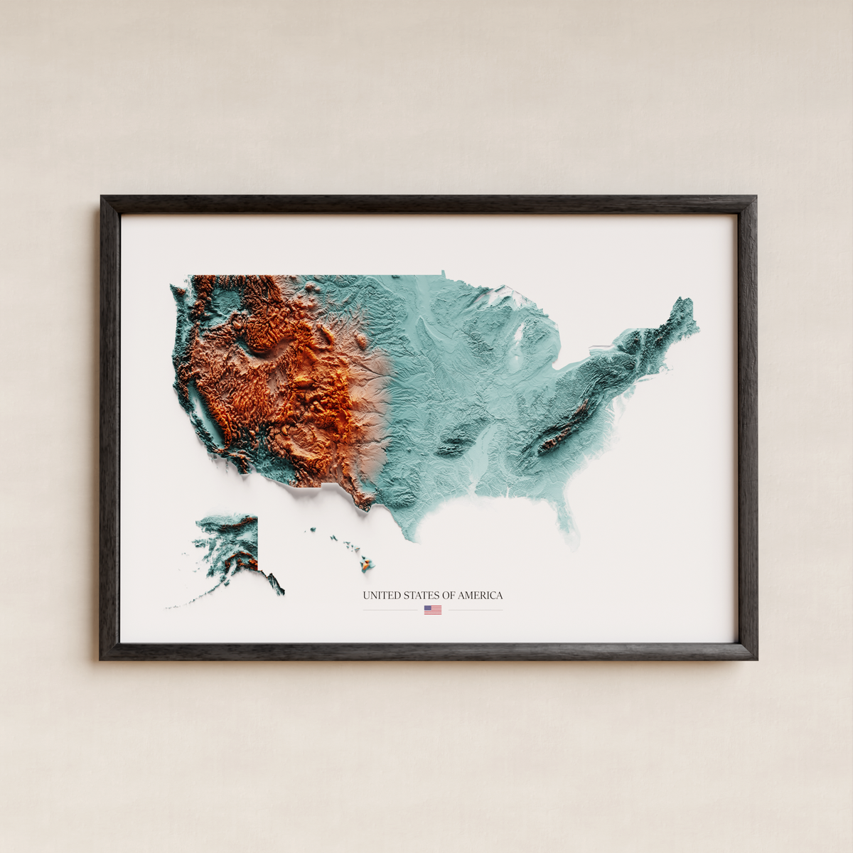 ESTATS UNITS. Mapa de relleu artístic / blau i taronja