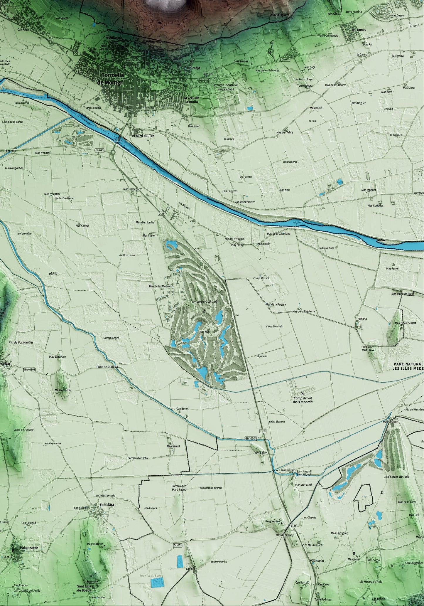 Mapa artístico del relieve de Ullà, al Baix Empordà, con 15 km de entorno y base topográfica ICGC. Detalle de la zona inferior derecha.