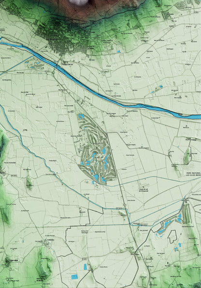 Mapa artístico del relieve de Ullà, al Baix Empordà, con 15 km de entorno y base topográfica ICGC. Detalle de la zona inferior derecha.