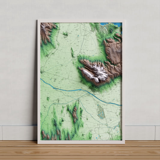 Mapa artístico del relieve de Ullà, al Baix Empordà, con 15 km de entorno y base topográfica ICGC. Presentación enmarcada.