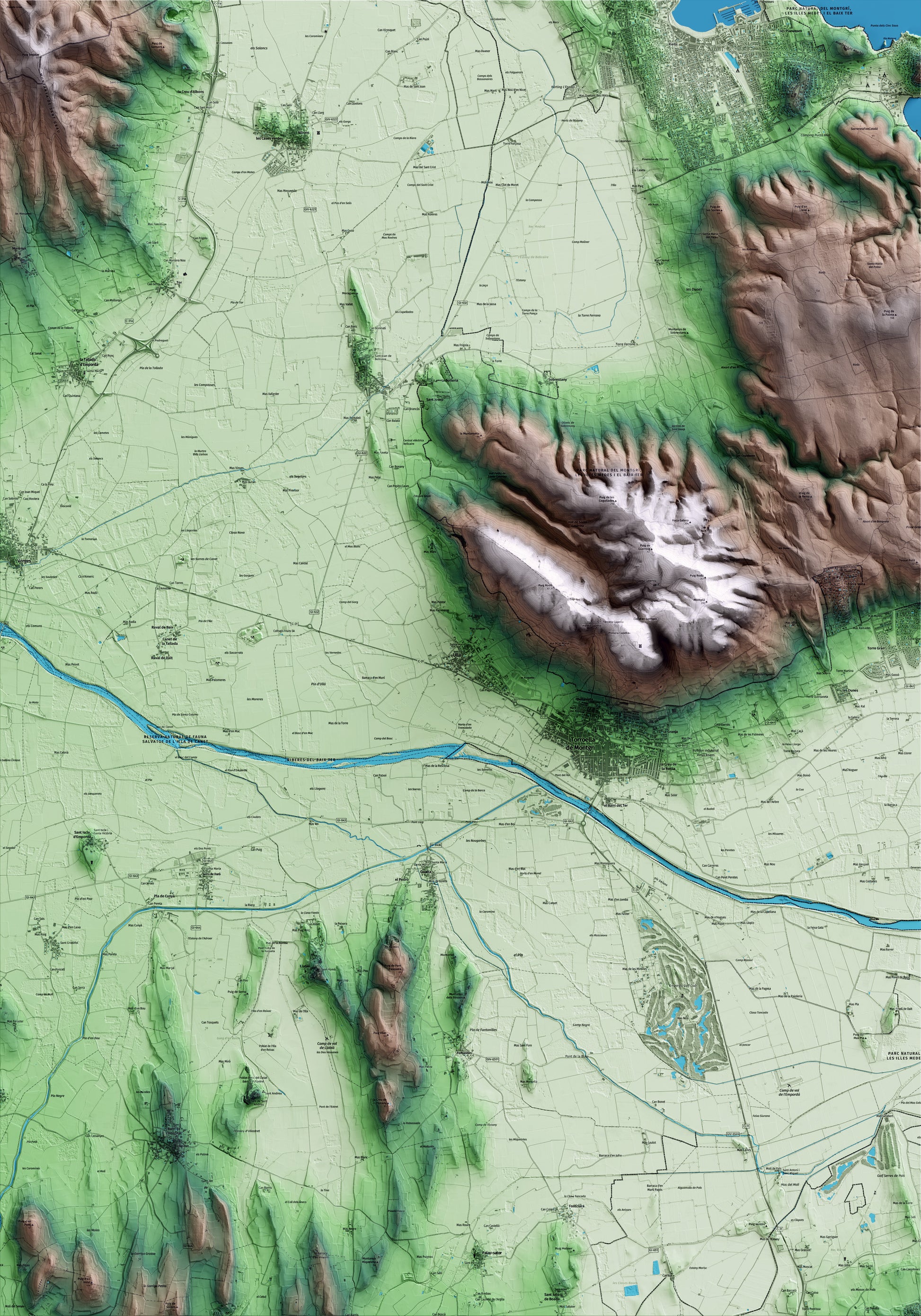 Mapa artístico del relieve de Ullà, al Baix Empordà, con 15 km de entorno y base topográfica ICGC