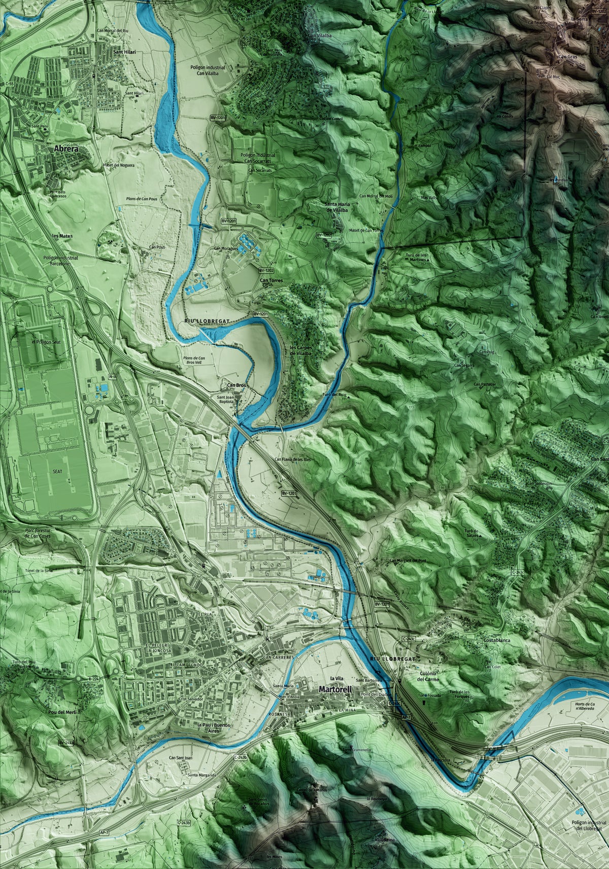 Mapa artístico del relieve de Ullastrell, al Vallès Occidental, con 15 km de entorno y base topográfica ICGC. Detalle de la zona inferior izquierda.