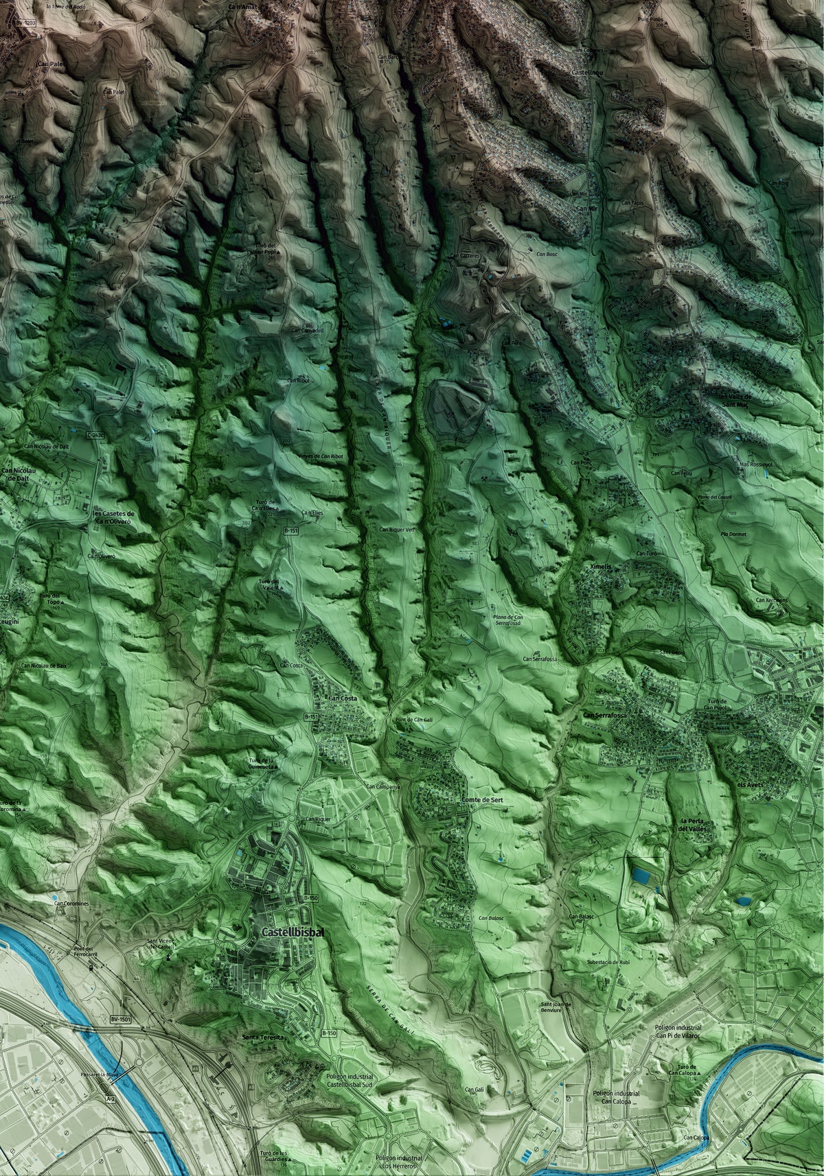 Mapa artístico del relieve de Ullastrell, al Vallès Occidental, con 15 km de entorno y base topográfica ICGC. Detalle de la zona inferior derecha.