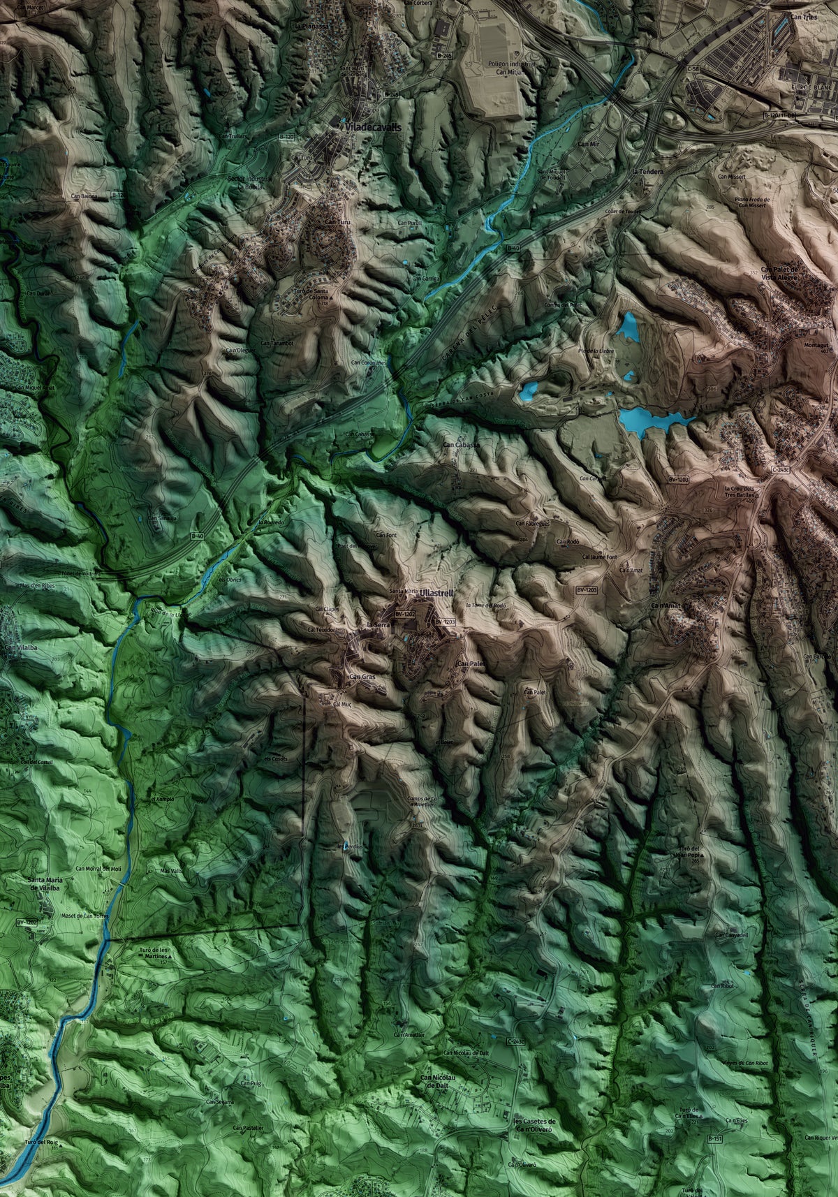 Mapa artístico del relieve de Ullastrell, al Vallès Occidental, con 15 km de entorno y base topográfica ICGC. Detalle de la zona central.