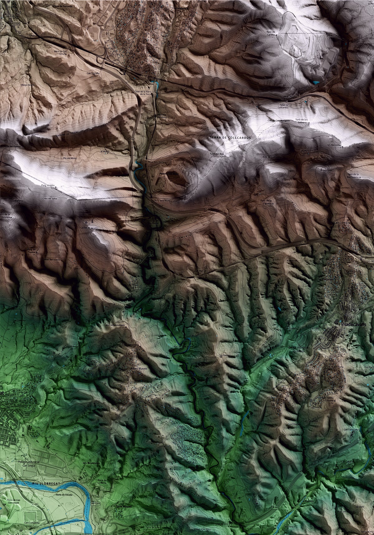 Mapa artístico del relieve de Ullastrell, al Vallès Occidental, con 15 km de entorno y base topográfica ICGC. Detalle de la zona superior izquierda.