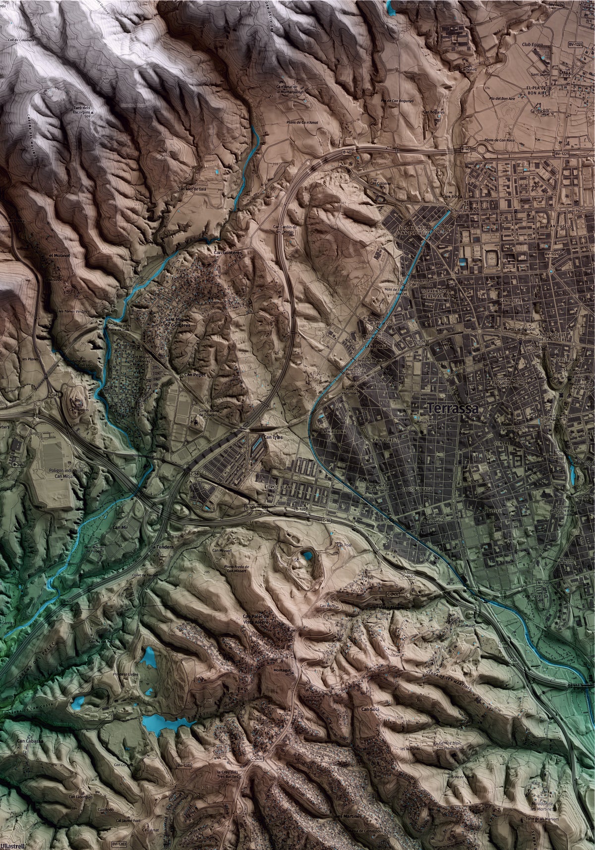 Mapa artístico del relieve de Ullastrell, al Vallès Occidental, con 15 km de entorno y base topográfica ICGC. Detalle de la zona superior derecha.