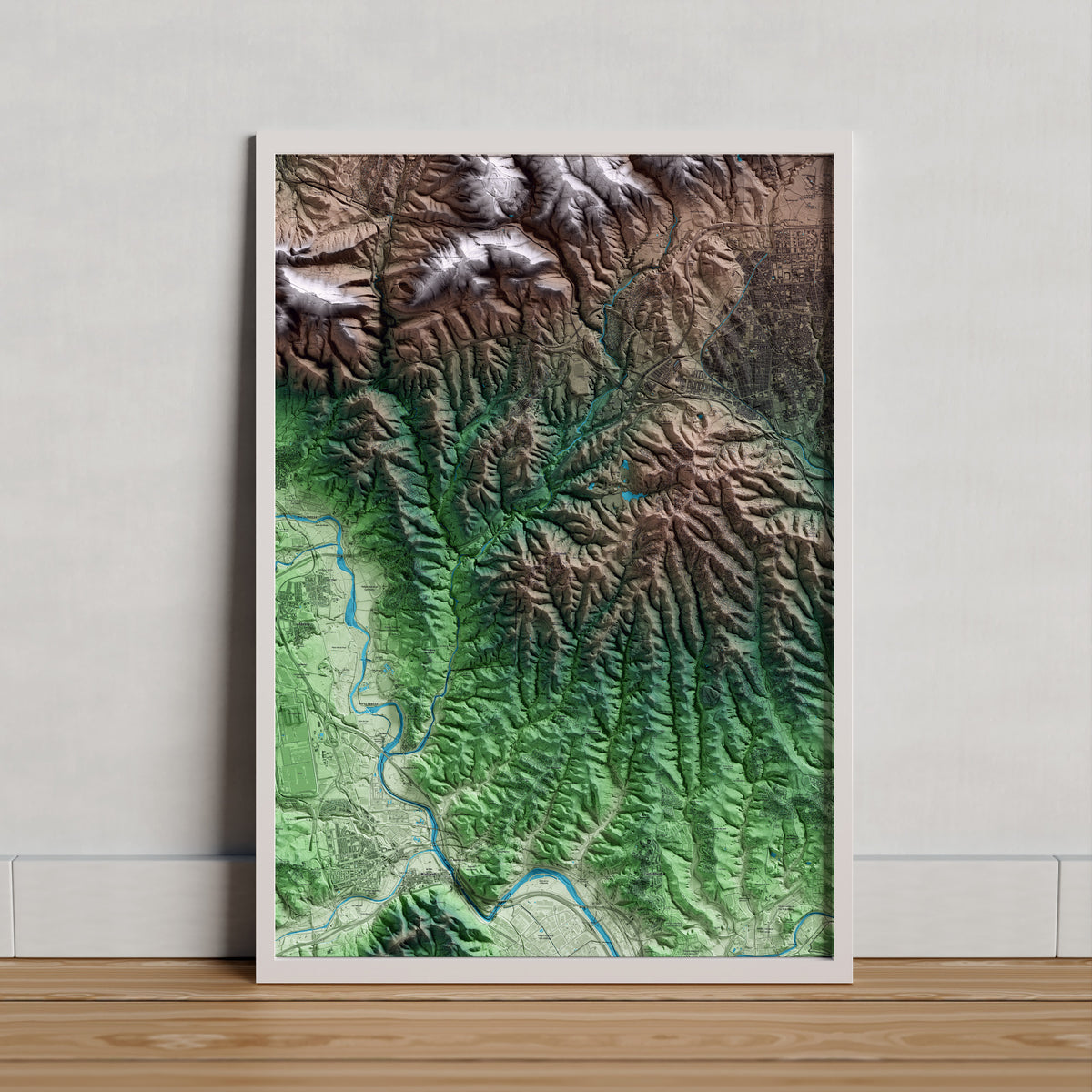 Mapa artístico del relieve de Ullastrell, al Vallès Occidental, con 15 km de entorno y base topográfica ICGC. Presentación enmarcada.