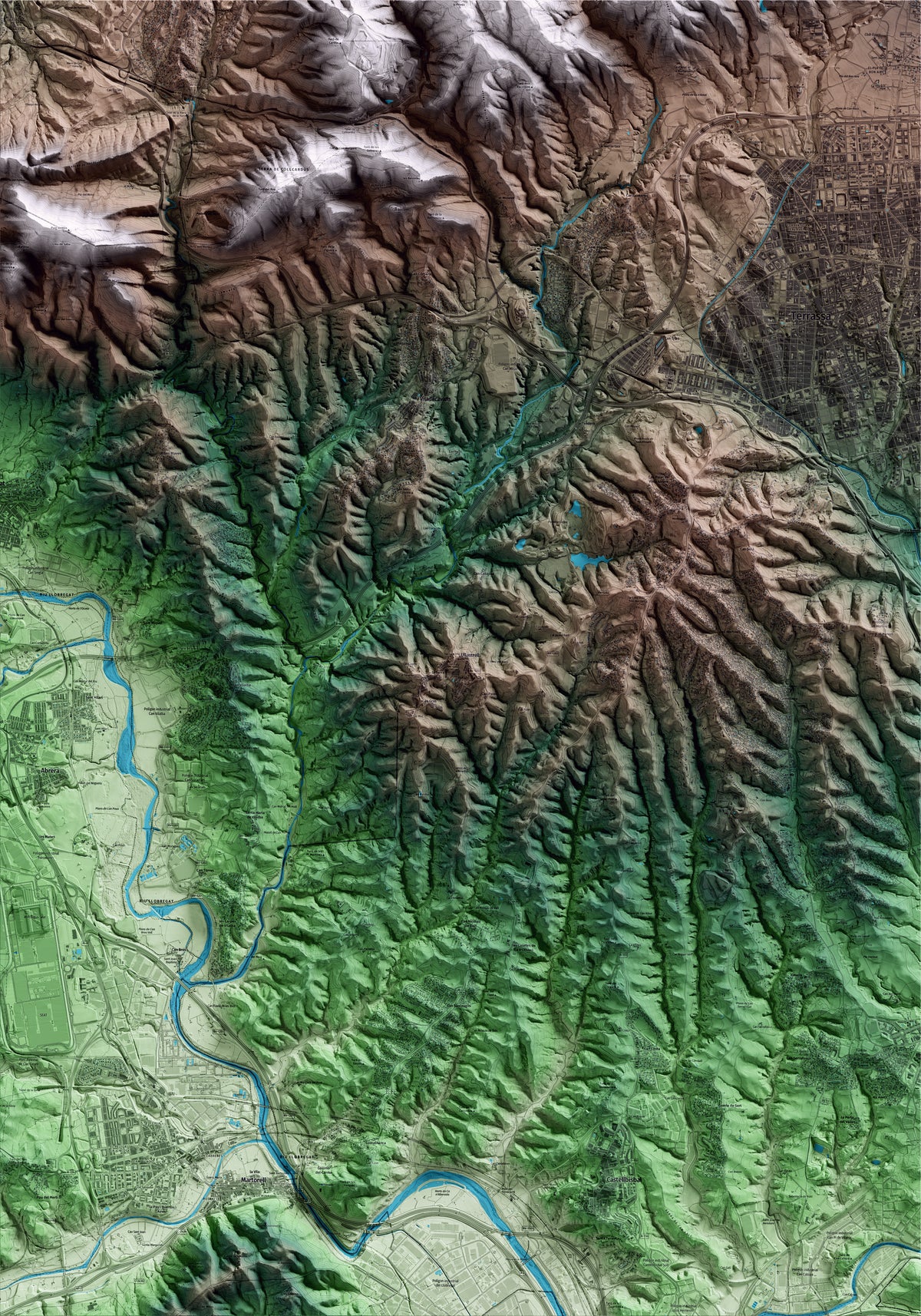 Mapa artístico del relieve de Ullastrell, al Vallès Occidental, con 15 km de entorno y base topográfica ICGC
