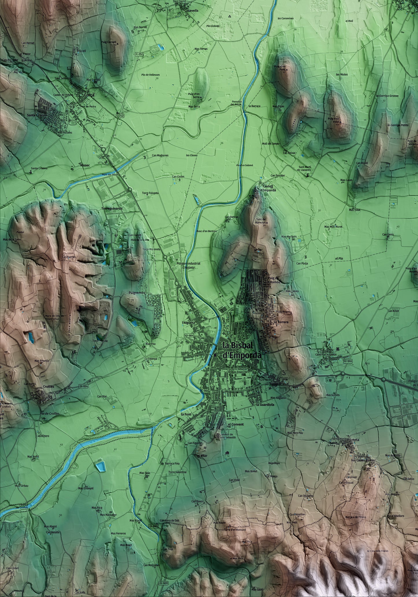 Mapa artístico del relieve de Ullastret, al Baix Empordà, con 15 km de entorno y base topográfica ICGC. Detalle de la zona inferior izquierda.
