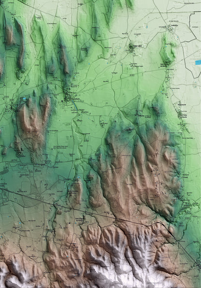 Mapa artístico del relieve de Ullastret, al Baix Empordà, con 15 km de entorno y base topográfica ICGC. Detalle de la zona inferior derecha.