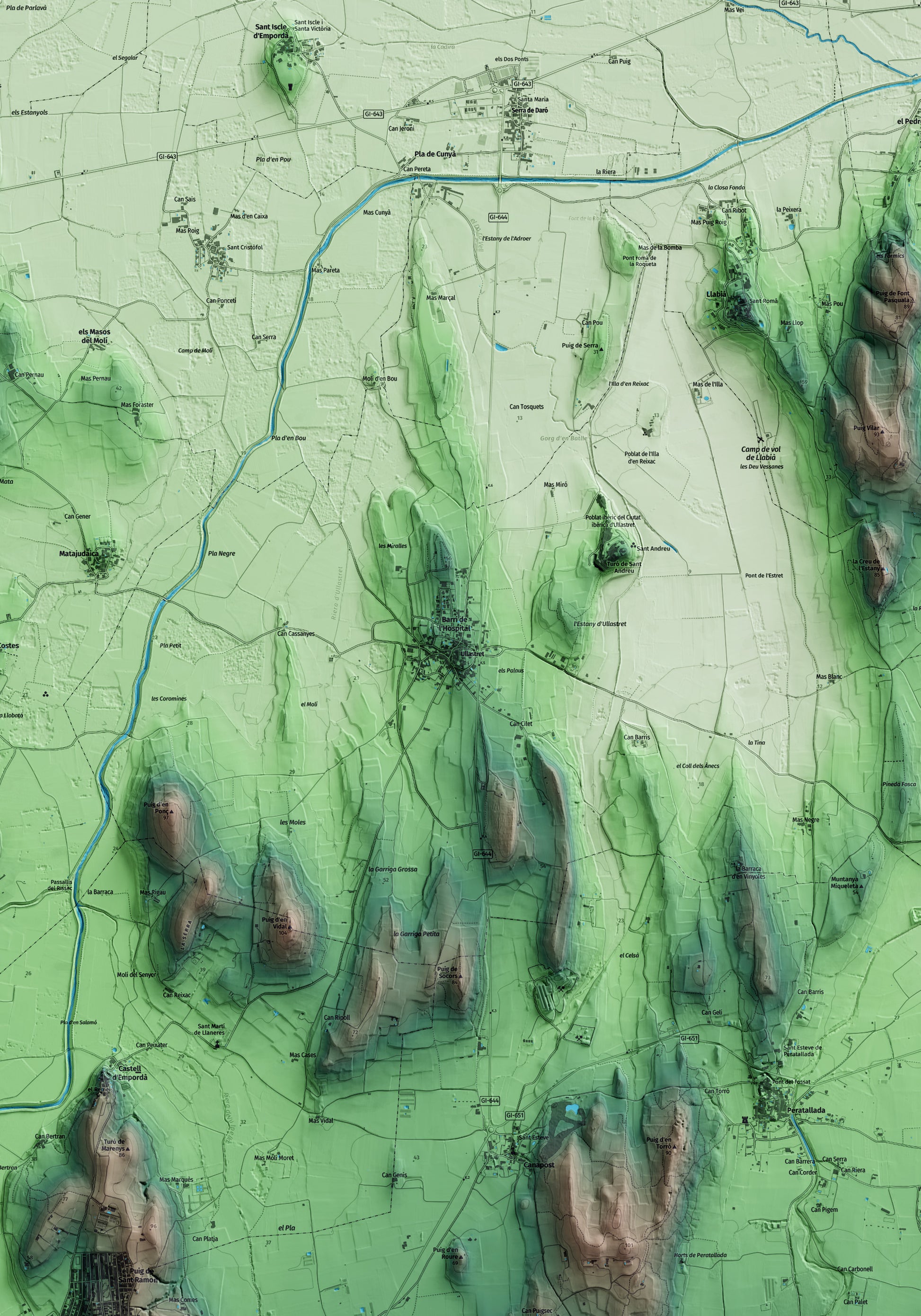 Mapa artístico del relieve de Ullastret, al Baix Empordà, con 15 km de entorno y base topográfica ICGC. Detalle de la zona central.