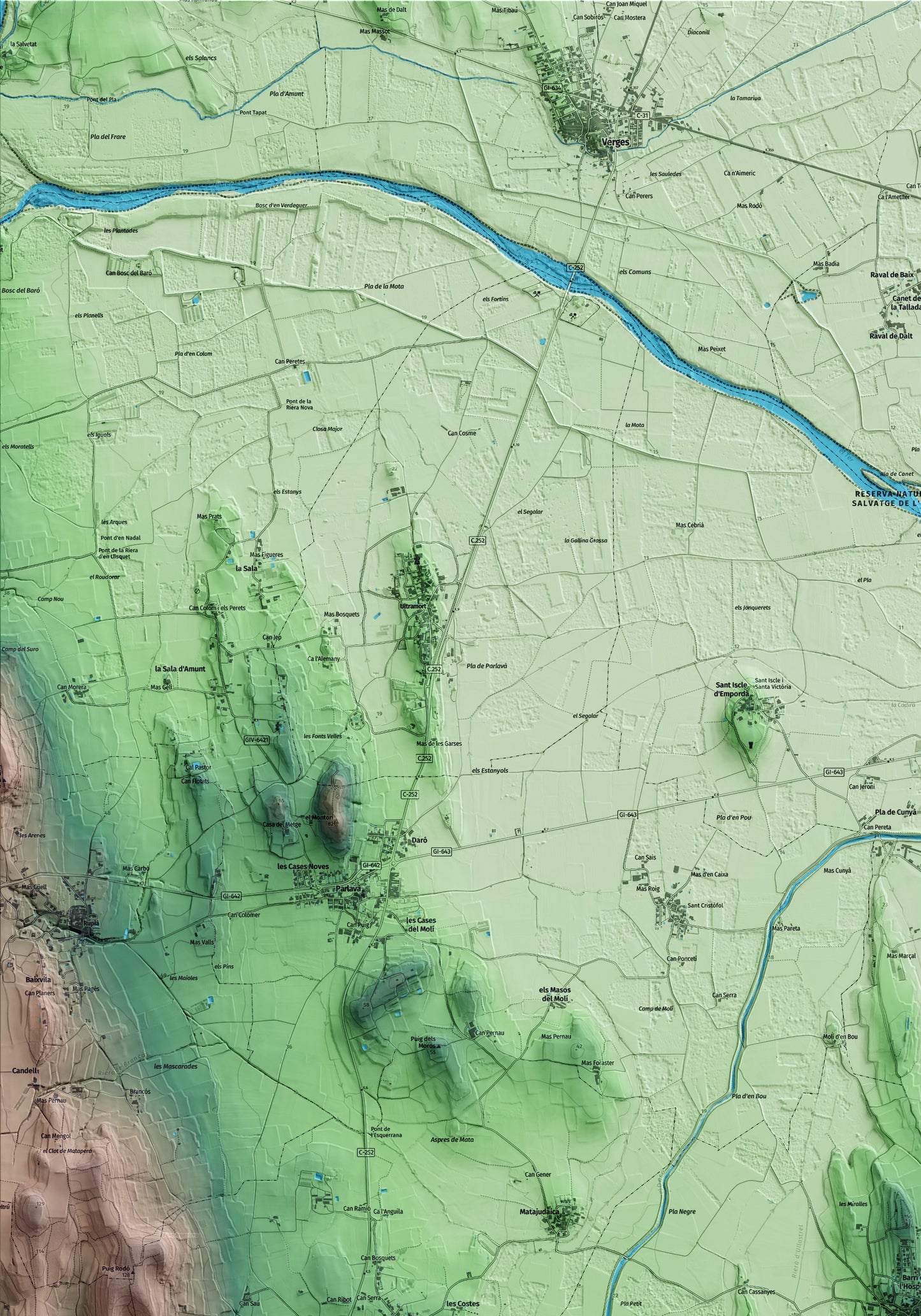 Mapa artístico del relieve de Ullastret, al Baix Empordà, con 15 km de entorno y base topográfica ICGC. Detalle de la zona superior izquierda.