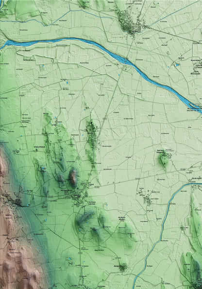 Mapa artístico del relieve de Ullastret, al Baix Empordà, con 15 km de entorno y base topográfica ICGC. Detalle de la zona superior izquierda.