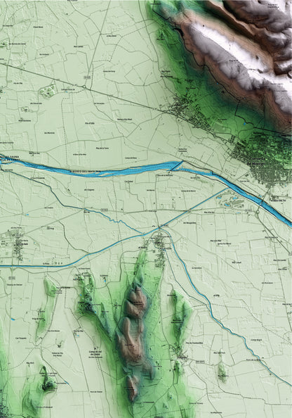 Mapa artístico del relieve de Ullastret, al Baix Empordà, con 15 km de entorno y base topográfica ICGC. Detalle de la zona superior derecha.