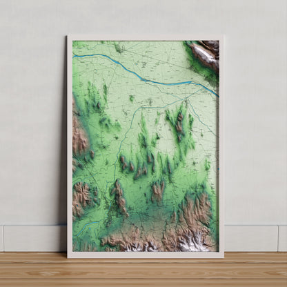 Mapa artístico del relieve de Ullastret, al Baix Empordà, con 15 km de entorno y base topográfica ICGC. Presentación enmarcada.