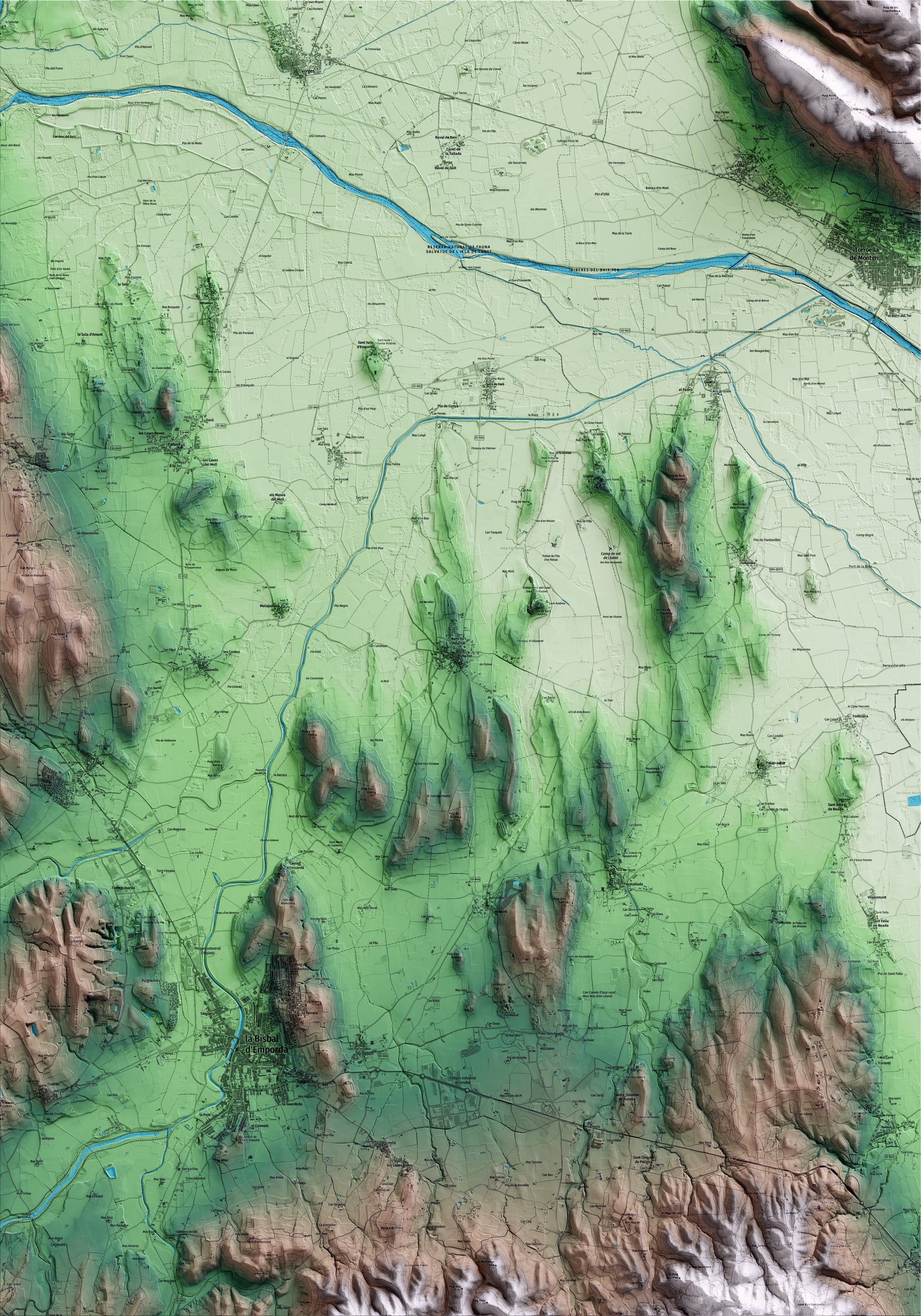Mapa artístico del relieve de Ullastret, al Baix Empordà, con 15 km de entorno y base topográfica ICGC