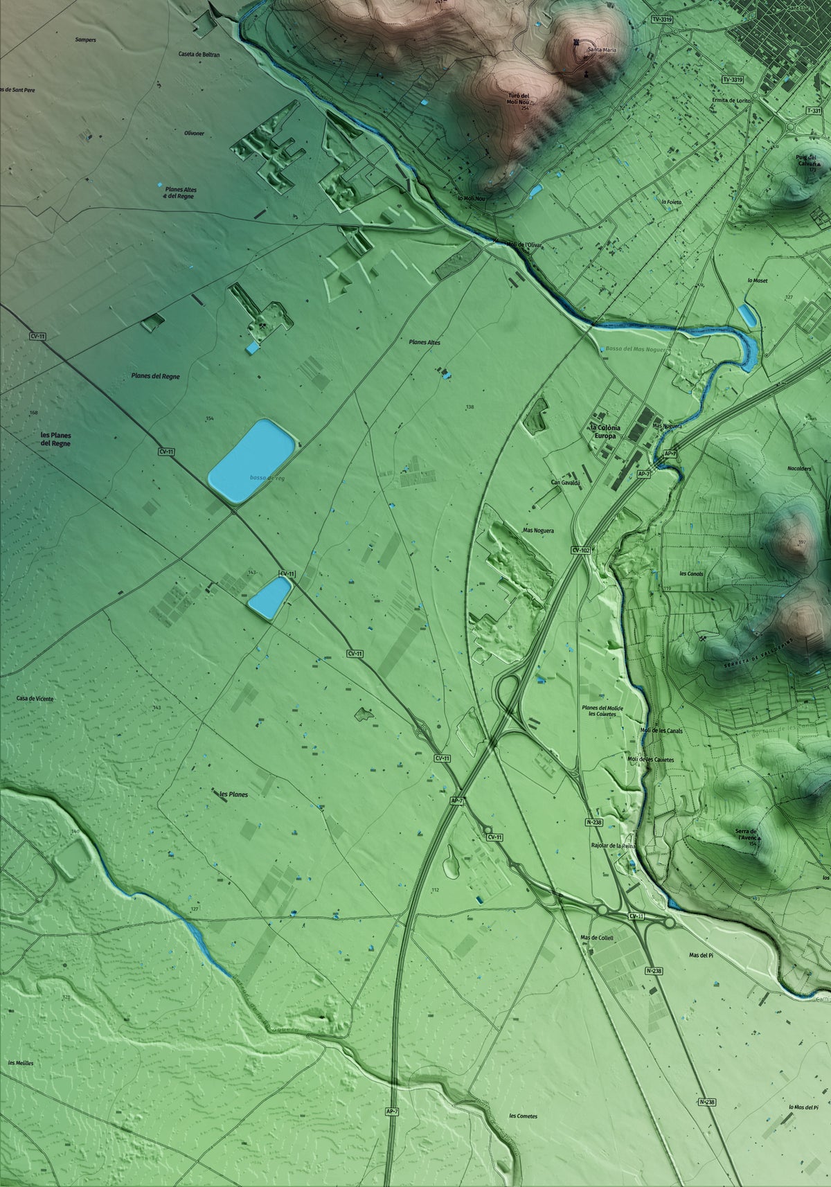 Mapa artístico del relieve de Ulldecona, al Montsià, con 15 km de entorno y base topográfica ICGC. Detalle de la zona inferior izquierda.