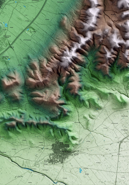 Mapa artístico del relieve de Ulldecona, al Montsià, con 15 km de entorno y base topográfica ICGC. Detalle de la zona inferior derecha.