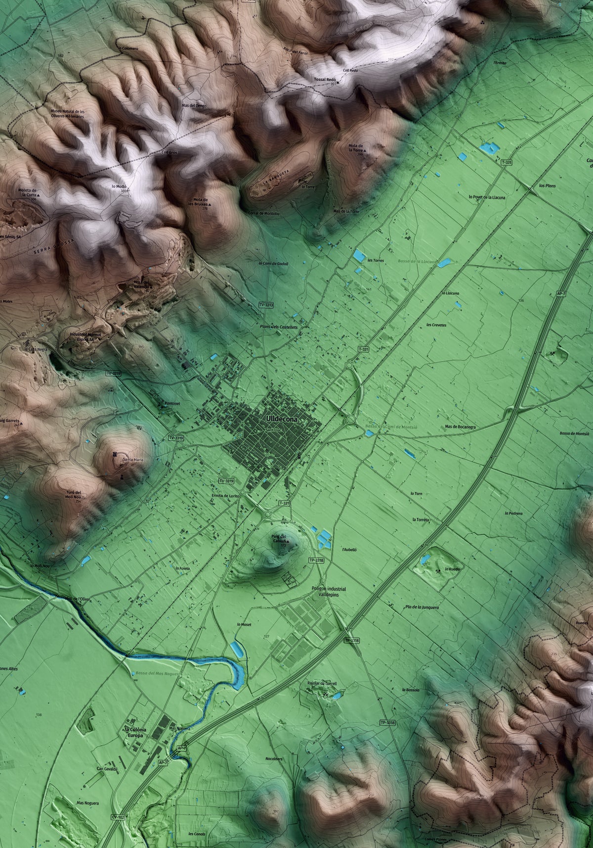 Mapa artístico del relieve de Ulldecona, al Montsià, con 15 km de entorno y base topográfica ICGC. Detalle de la zona central.