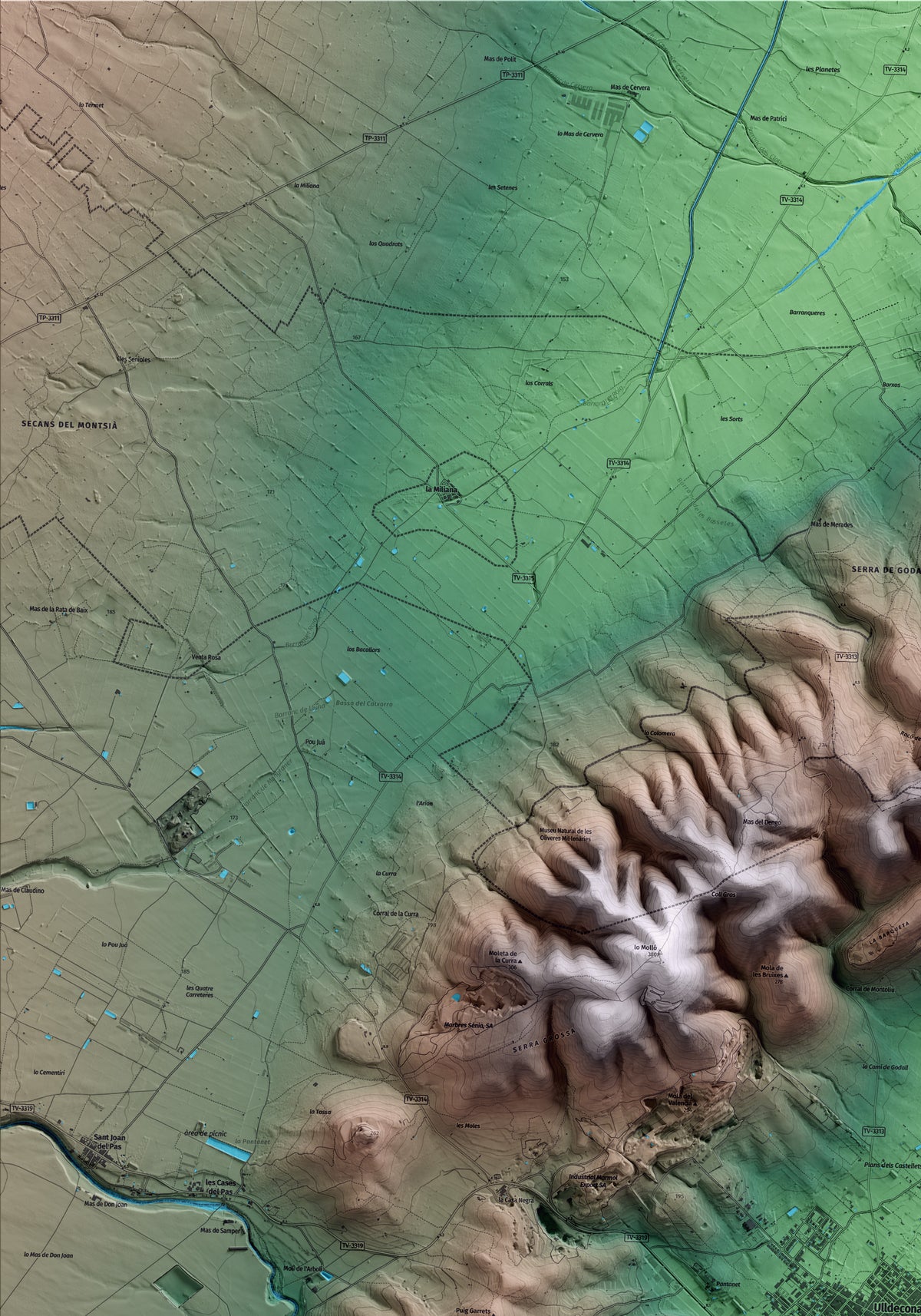 Mapa artístico del relieve de Ulldecona, al Montsià, con 15 km de entorno y base topográfica ICGC. Detalle de la zona superior izquierda.
