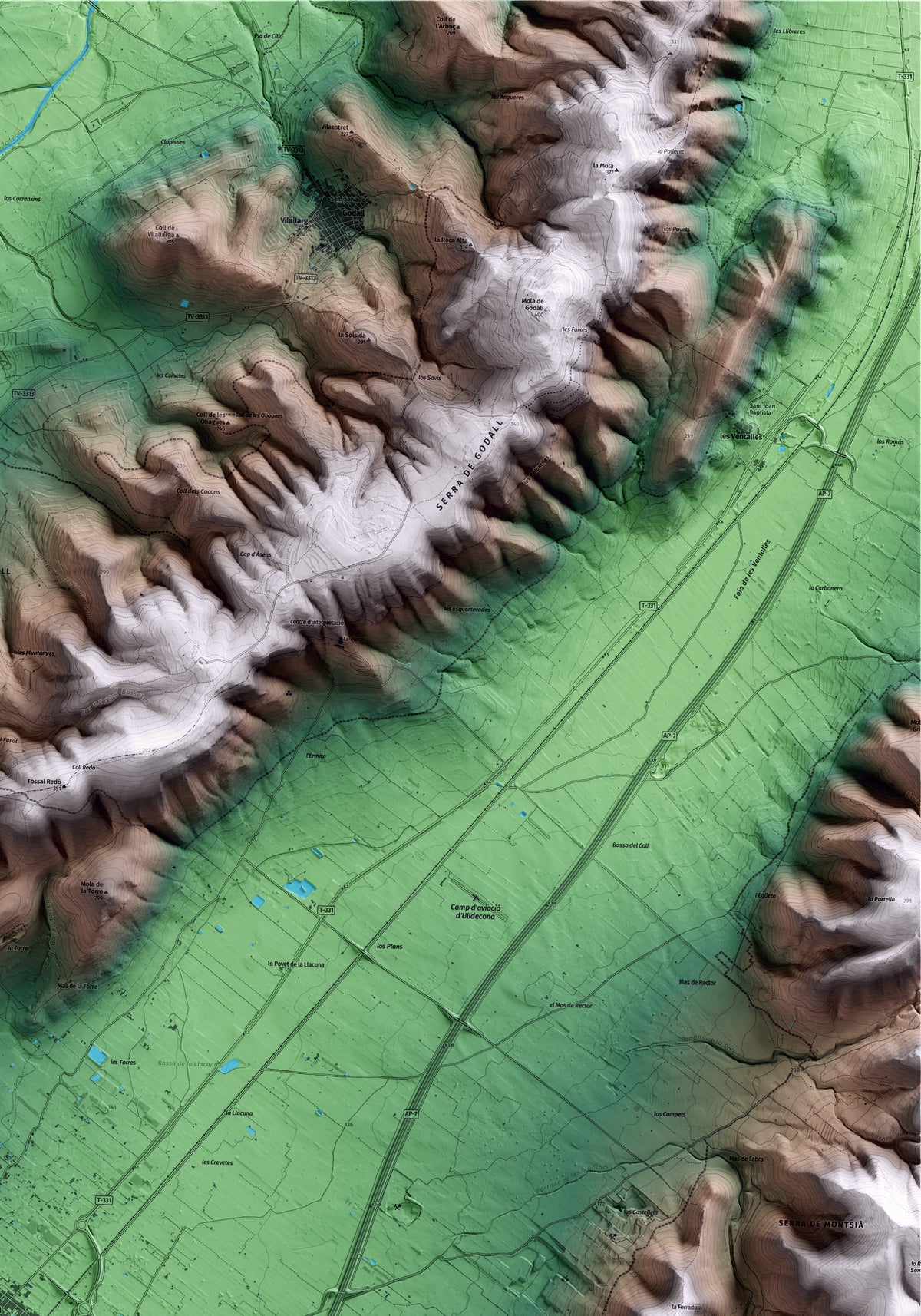 Mapa artístico del relieve de Ulldecona, al Montsià, con 15 km de entorno y base topográfica ICGC. Detalle de la zona superior derecha.