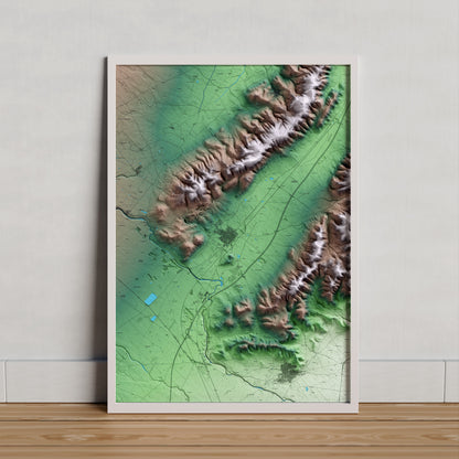 Mapa artístico del relieve de Ulldecona, al Montsià, con 15 km de entorno y base topográfica ICGC. Presentación enmarcada.