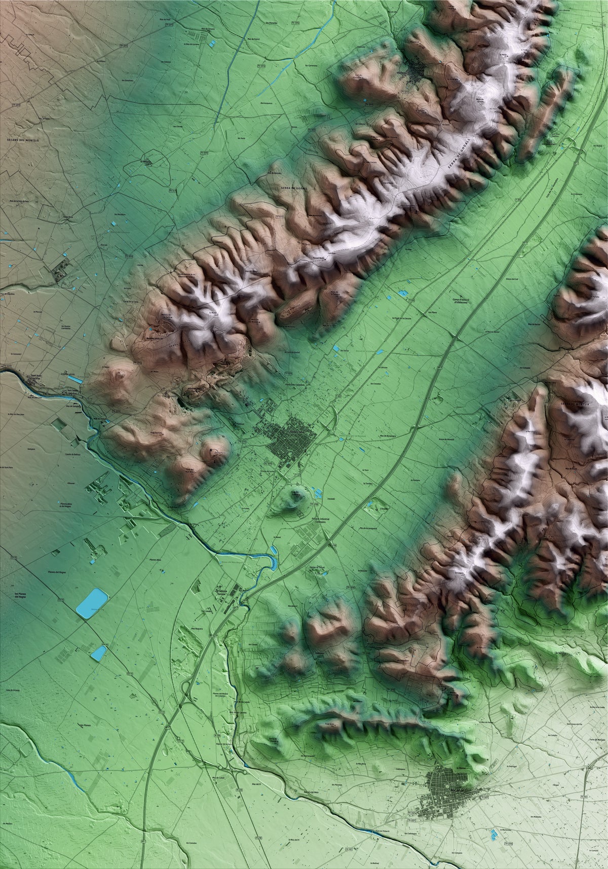 Mapa artístico del relieve de Ulldecona, al Montsià, con 15 km de entorno y base topográfica ICGC
