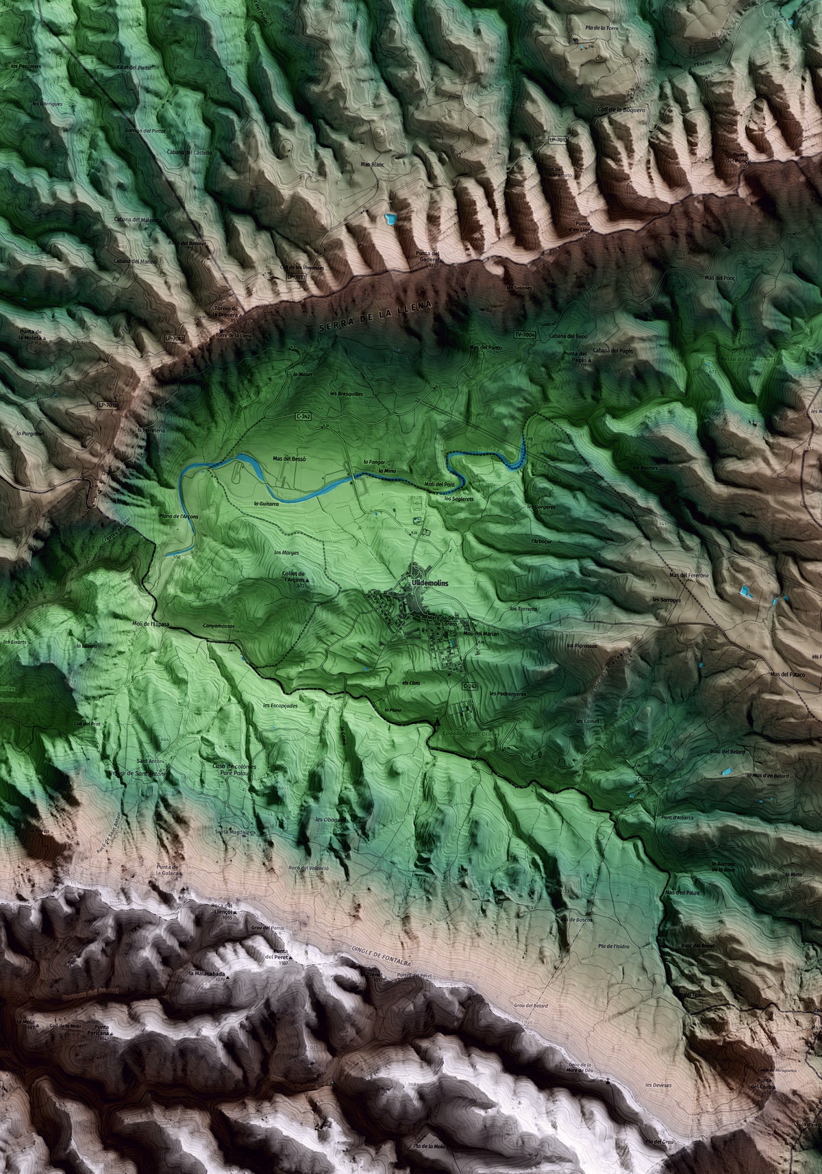 Mapa artístico del relieve de Ulldemolins, al Priorat, con 15 km de entorno y base topográfica ICGC. Detalle de la zona central.