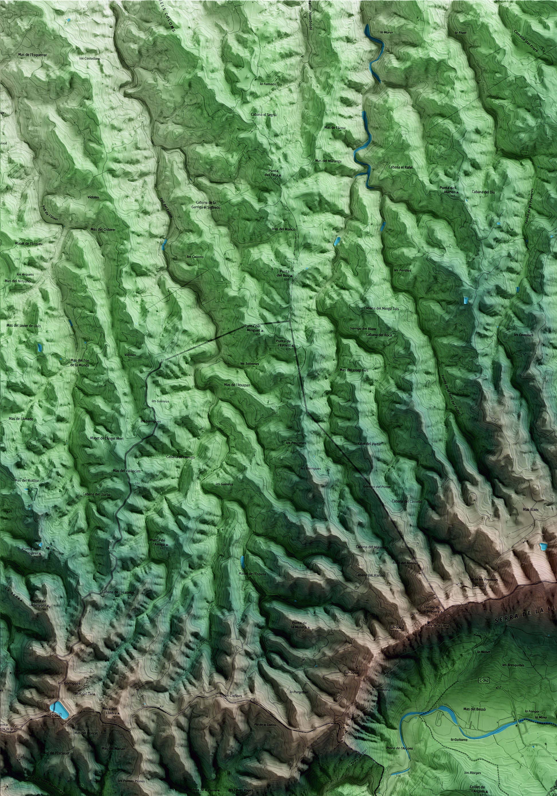 Mapa artístico del relieve de Ulldemolins, al Priorat, con 15 km de entorno y base topográfica ICGC. Detalle de la zona superior izquierda.
